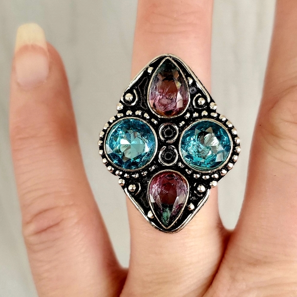 New Blue Topaz & Bi-Color Tourmaline 925 Silver Ring. - Picture 6 of 8